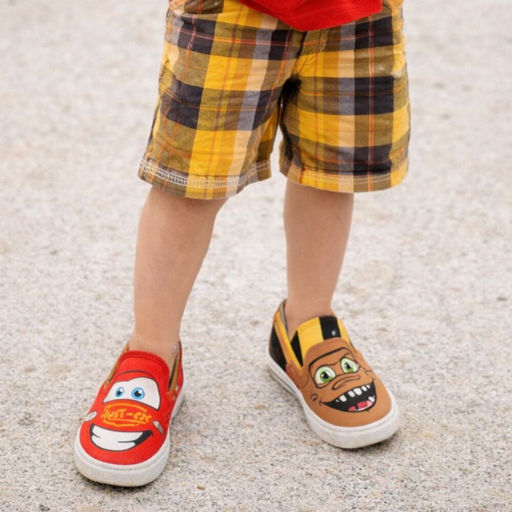 Hand-Painted Kids Shoes | size 6 kid | Lightning & Tow Truck Design | Unique